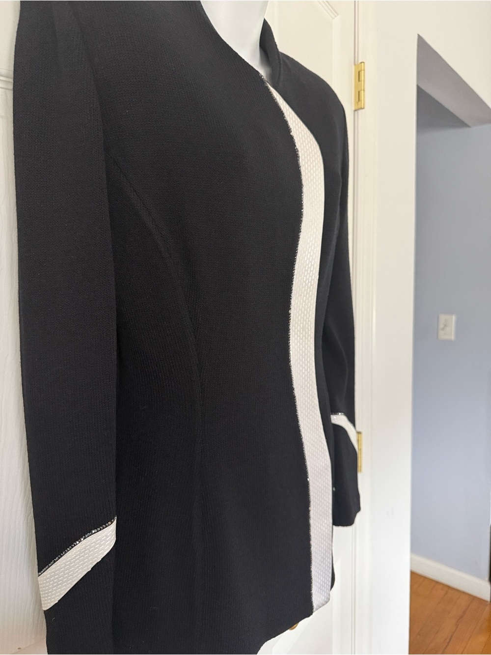 St. John Black Knit Long Sleeve Top with White Contrast Cuffs